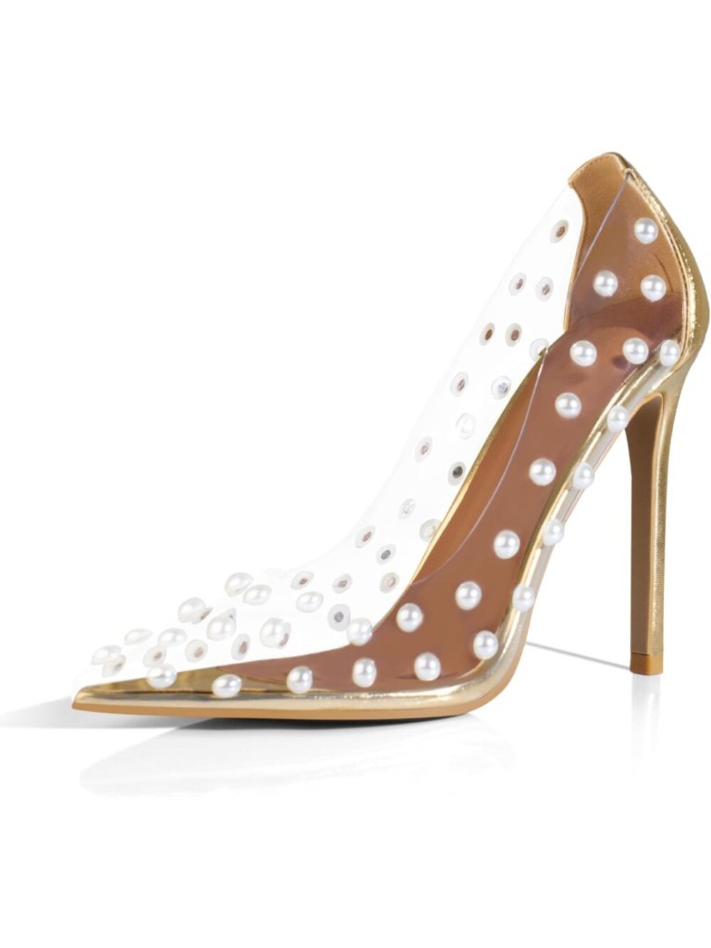 Women's Gold Pumps Pointed Toe High Heel Shoes Pearl Studded PVC Clear Heels